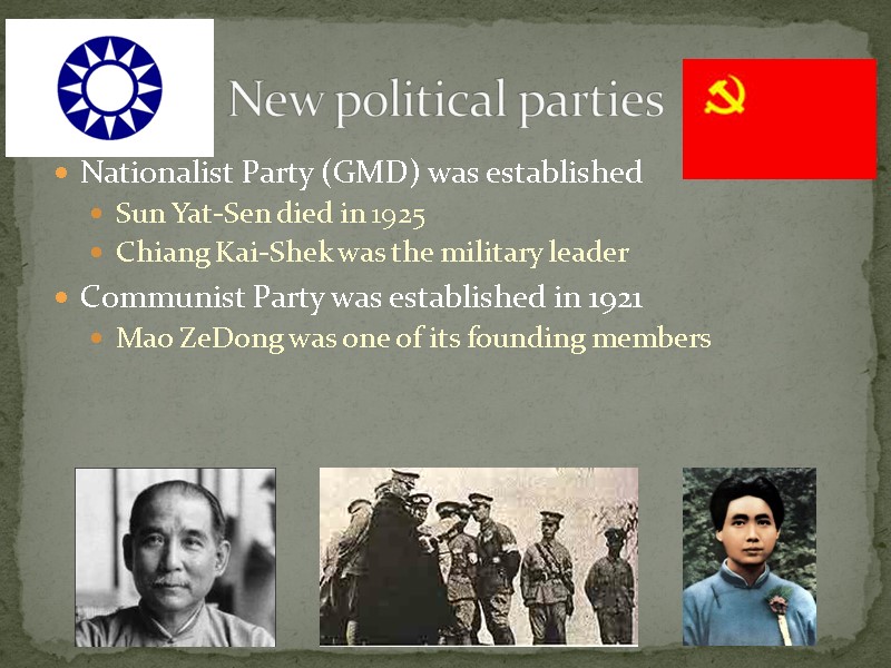 New political parties Nationalist Party (GMD) was established Sun Yat-Sen died in 1925 Chiang